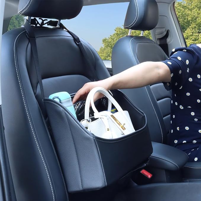 Car Handbag Purse Holder Between Seats Leather Car Front Seat Storage Bag Large Capacity Car Organizers for Book Document Phone Bottle Tissue Toy (Black Style-1)