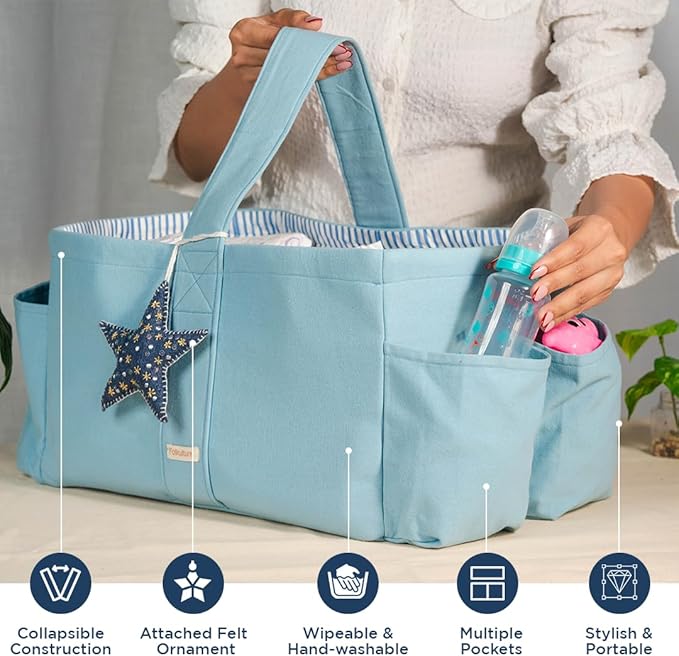 Folkulture Baby Diaper Caddy | Cotton Diaper Bag for Kids - Stylish Comfort Spacious Travel Essential Cart | Nursery Storage Bin and Car Organizer for Diapers, Wipes (Sky Blue - 15")