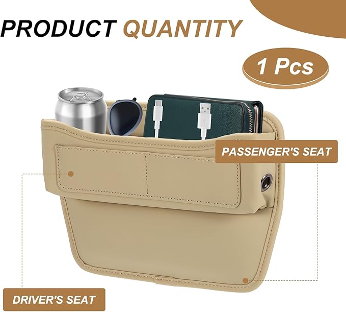 HARFINGTON Car Seat Gap Filler Organizer 11.3 x 8 x 2.2 Inch Leather Universal Car Organizer Storage Box Between Seat and Console for Phone Sunglasses Keys, Beige