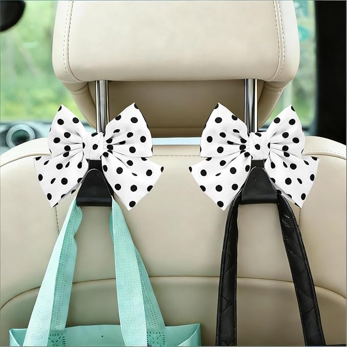 2PCS Car Seat Headrest Hooks, Cute Bow Vehicle Backseat Storage Hanger for Handbag Umbrella Coat, Automotive Seat Back Hook Holder Organizer Decor, Universal for Vehicles (White Polka Dots)