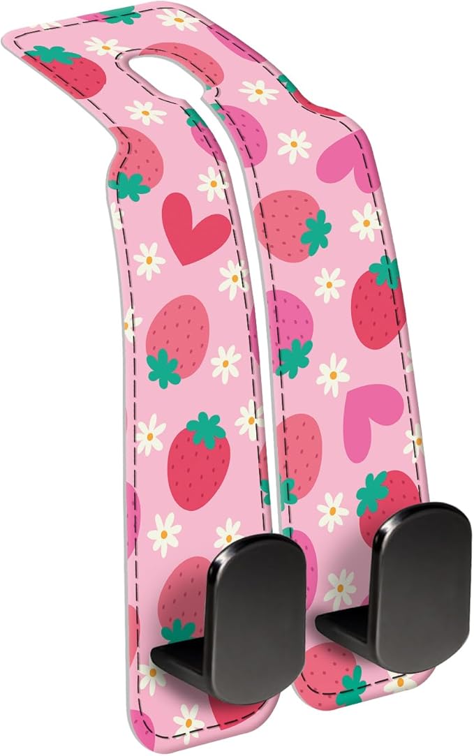 Car Seat Back Storage Headrest Hook, Premium Leather Double Metal Hook, Hanger Storage Organizer for Purse Cloth Bag, Car Interior Accessories Cute Pink Strawberry