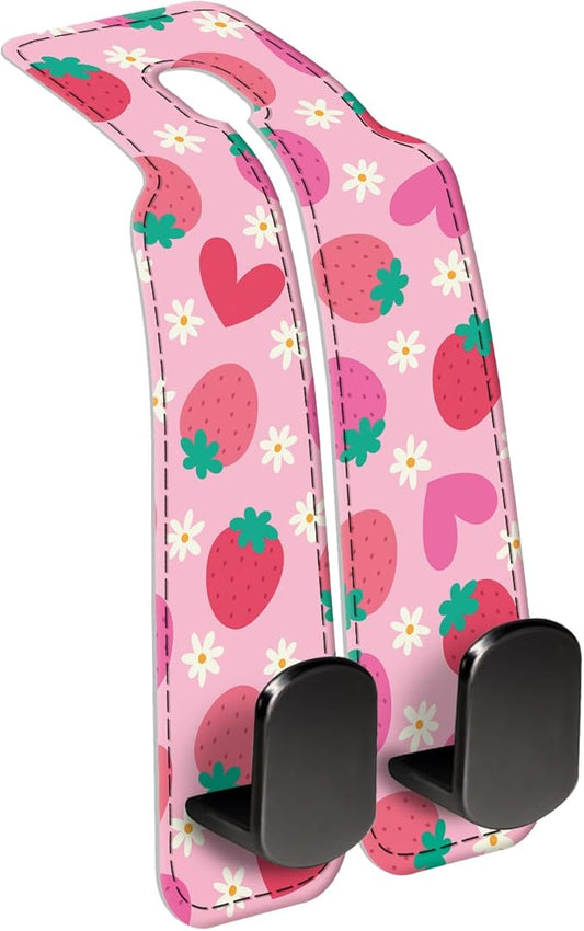 Car Seat Back Storage Headrest Hook, Premium Leather Double Metal Hook, Hanger Storage Organizer for Purse Cloth Bag, Car Interior Accessories Cute Pink Strawberry