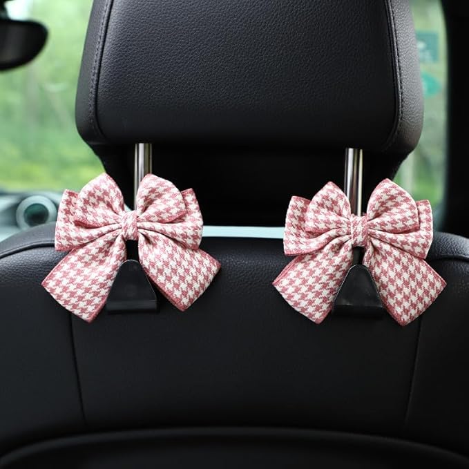 2-Pack Car Purse Hooks for Hanging Purses and Bags, Cute Bow car seat headrest Hooks for Hanging car Purse Hooks. (Houndstooth Pink)