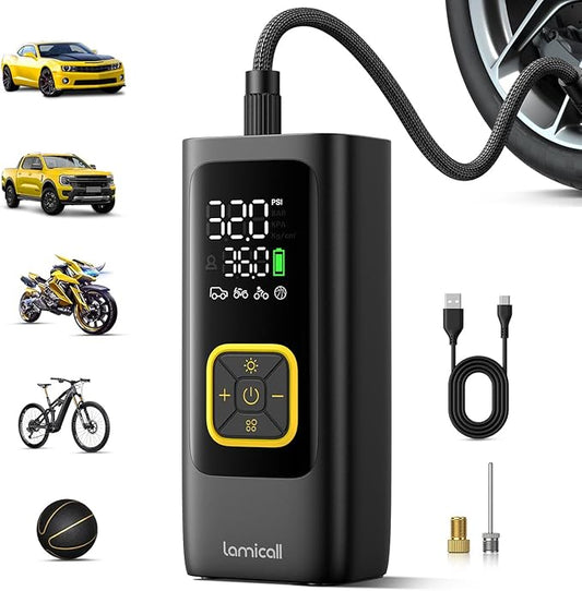 Car Tire Inflator Portable Air Compressor - Lamicall [4X Faster][150 PSI] Bike Air Pump, Rechargeable Battery, Pressure Gauge Display, LED Light, Automatic Car Cordless Pump for Motorcycle, Bike, Ball