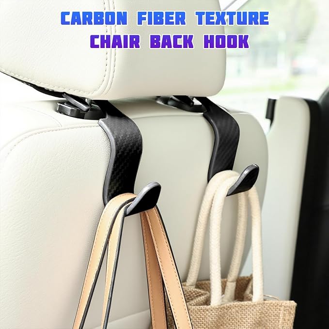 Car Seat Headrest Hooks, 4PCS Carbon Fiber Vehicle Back Seat Storage Hanger Holder for Hangbag Coat Grocery, Automotive Interior Headrest Hook Organizer, Universal for Vehicles (Black)