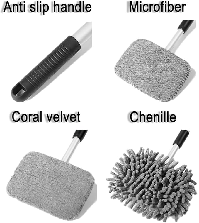 Car Windshield Cleaner Tool, Vehicle Window Cleaner with Extendable Handle & 3 Reusable and Washable Pads, Auto Glass Wash Brush Accessories, Universal for SUV RV Truck (Triangular)