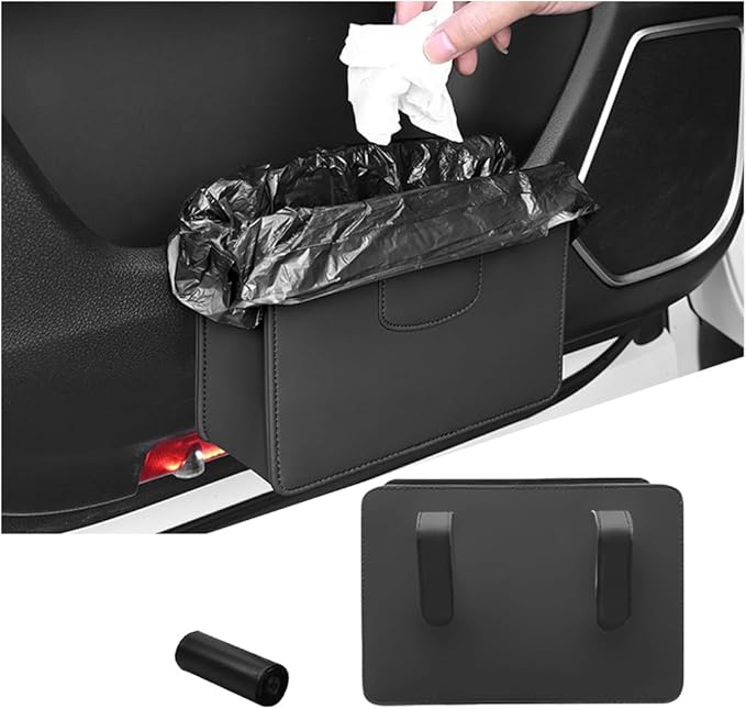 Car Trash Can, Leather Auto Garbage Bin, Magnetic Litter Storage Container, Mini Portable Foldable Vehicle Interior Hanging Dustbin Accessories, Universal for SUV, Truck, RV（Black）