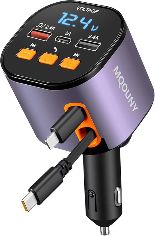 Retractable Car Charger,5 in 1 Fast Cars Phone Charger 90W,Bluetooth 5.3 FM Transmitter Adapter,Handsfree Call,2 Retractable Cables and USB Chargers for iPhone17/ 16/15/14/13/Samsung