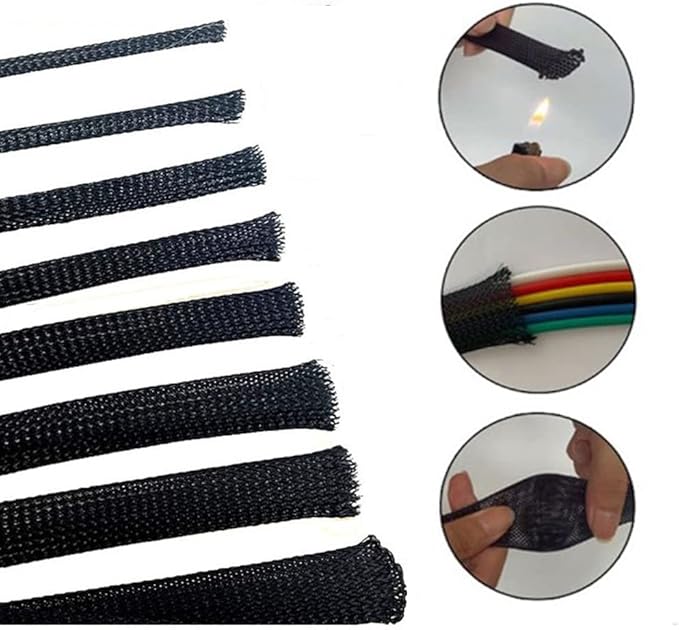 Aicosineg Black and Fluorescent Green PET Braided Sleeving 32.81 Ft Length 0.39 Inch Flat Width Cable Sleeve for Protect Cable 1Pcs