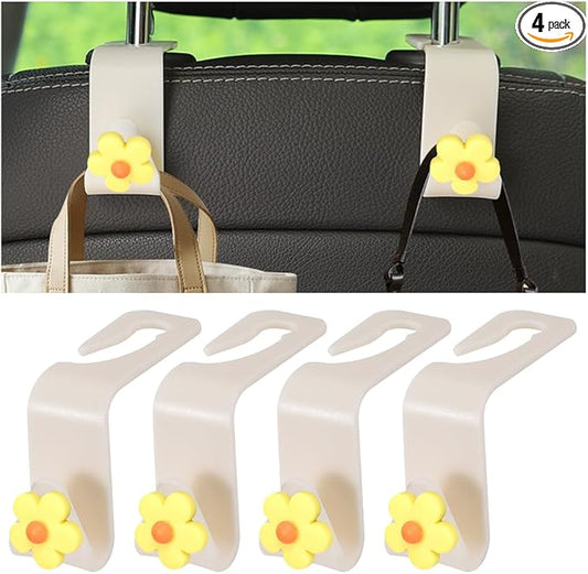 4 PCS Car Headrest Hook, Multifunctional Flower Vehicle Seat Back Storage Hook, Cute Automotive Seatback Organizer Hanger for Purse Grocery Bag Handbag, Universal Fit (Beige/Yellow)