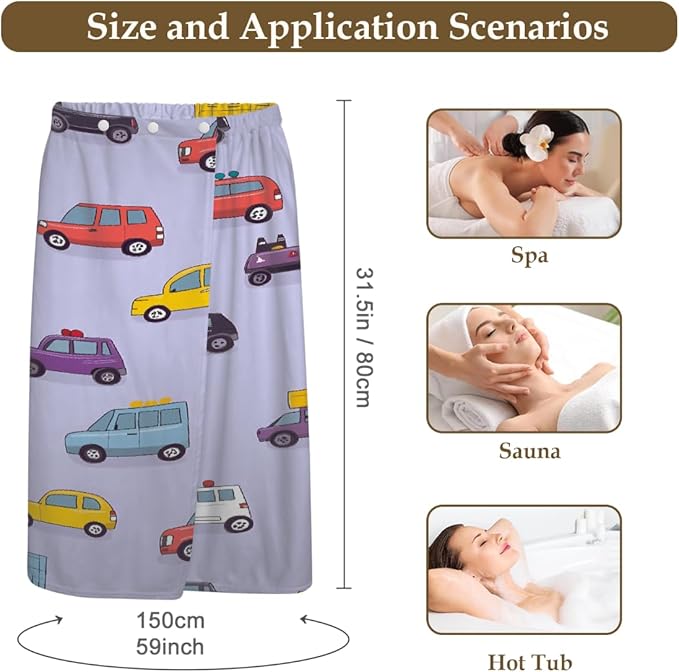 Women's Bath Wrap Cute Cars Pattern Absorbent Shower Spa Body Bath Robe Wraps Bathrobe Towel with Adjustable Closure
