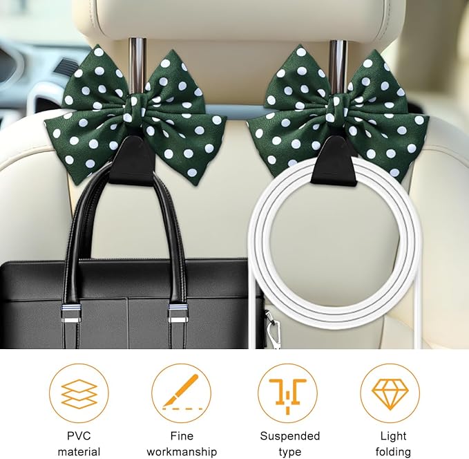 Cute Bow Car Seat Headrest Hooks, 2PCS Multifunctional Vehicle Rear Seat Hanging Hooks, Automotive Interior Seatback Storage Organizer for Purses Bags, Universal Fit (Green/Polka Dot)