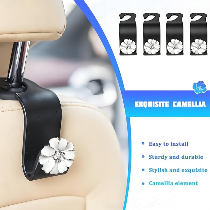 4PCS Bling Car Seat Headrest Hooks, Crystal Rhinestone Flower Vehicle Back Seat Hanger Holder Hook, Automotive Interior Hanging Storage Accessories for Purse Coats Bag, Universal Fit (White)