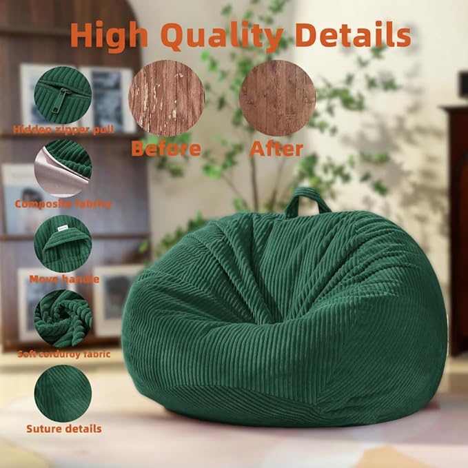 Stuffed Animal Storage Bean Bag Cover (No Filler), Corduroy Kids & Toddler Bean Bag Chair for Teens & Adults, Toy Storage Organizer, Comfy Sofa for Playroom (Dollar Green, Kids (Cover Only）)