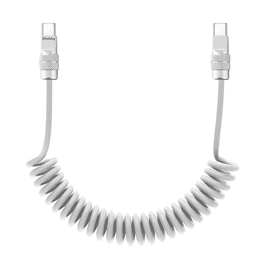 chubbycable Curly Chubby 240W Coiled USB C Fast Charging Cable Durable Braided Charger Cord for Car Compatible with iPhone 17-15 Series iPad, White, Type-C to Type-C, 2.13FT-6.56FT