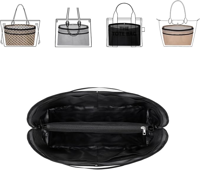 ZTUJO Purse Organizer Insert For Handbags,Mesh Bag Organizer Insert With Zipper Bag Tote Shaper Fit Speedy Neverful PM MM le Pliage,Light Weight (Black, X-Large)
