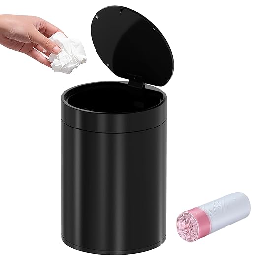 Mini Trash Can for Desk with Pop Up Lid,1.5L Metal Tiny Trash Can for Desk, 0.4 Gal Stainless Steel mini Desk Trash can with Lid，Small Counter Garbage Bin with 1 Roll Bags for Bathroom,Office(Black)