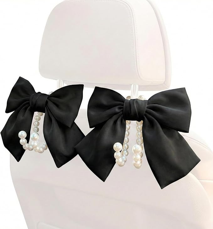 2PCS Satin Bow Pearl Car Seat Headrest Hooks – Car Bag Holder & Vehicle Hanger for Purses – Cute Coquette Aesthetic Interior Decoration – Cute Auto Organizer Accessories Universal (Black)