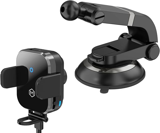 Wireless Car Charger Phone Mount – 15W Charging, Adjustable Stand, Two Mounting Options, Compatible with Phones 3 to 4 Inches - Mini Grip Cradle Multi Angle Suction Cup