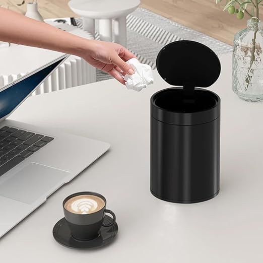 Mini Trash Can for Desk with Pop Up Lid,1.5L Metal Tiny Trash Can for Desk, 0.4 Gal Stainless Steel mini Desk Trash can with Lid，Small Counter Garbage Bin with 1 Roll Bags for Bathroom,Office(Black)