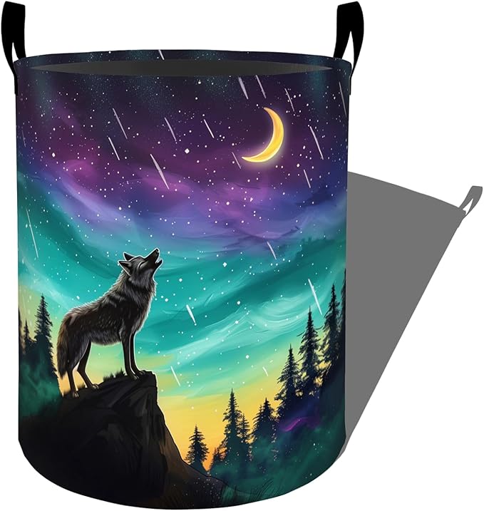 Mystic Wolf Moon Starry Sky Laundry Basket with Handles, 19.7"x15.7" Clothes Foldable Laundry Hamper Organizer for Dorm Nursery Bedroom Bathroom Decor, Toy Storage Bin for Kids