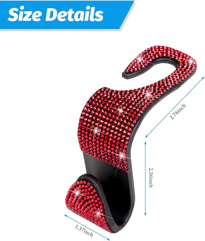 Zpana 4PCS Bling Car Seat Headrest Hooks, Vehicle Back Seat Purse Handbag Hanging Holder with Crystal Rhinestone, Diamond Storage Organizer Hook, Universal Automotive Accessories (Black/Red)