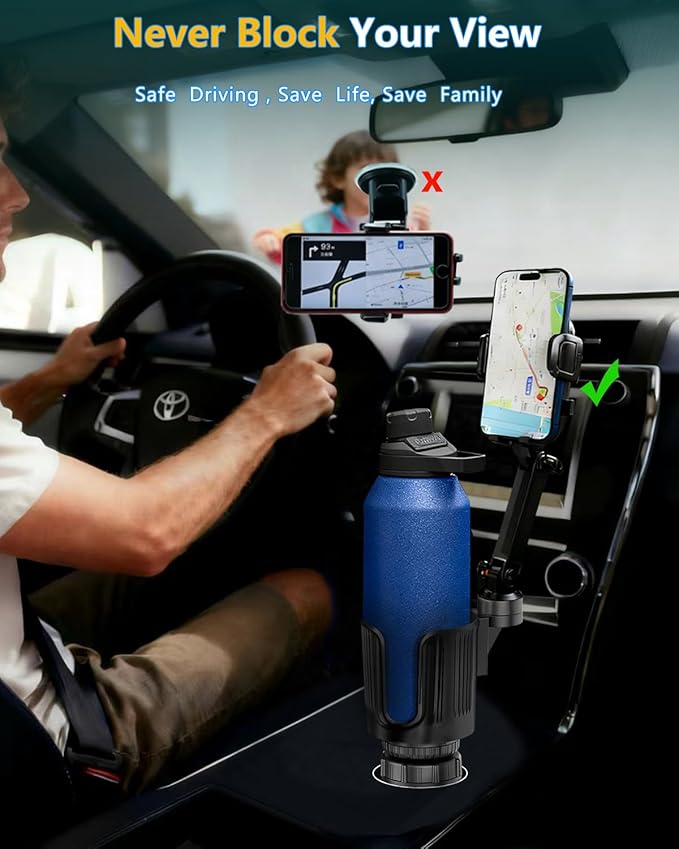 Cup Phone Holder for Car Cup Holder with Expandable Base, Detachable Dual Cellphone Holder Cupholder Car Mount with Long Arm Universal Fit iPhone and Large Bottle, for Truck SUV