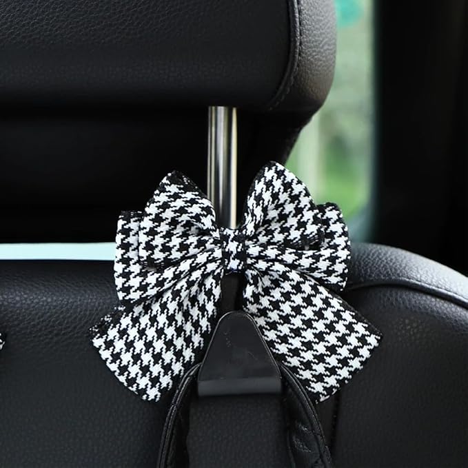 Car Seat Headrest Hook, 2PCS Cute Bow Knot Vehicle Seatback Hanging Storage Organizer, Seat Back Hanger for Purse Coat Umbrella, Universal Automotive Interior Decor Accessories (White/Grid)