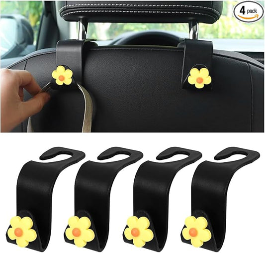 4 PCS Car Headrest Hook, Multifunctional Flower Vehicle Seat Back Storage Hook, Cute Automotive Seatback Organizer Hanger for Purse Grocery Bag Handbag, Universal Fit (Black/Yellow)