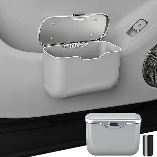 Car Trash Can with Lid - Leakproof Hanging Car Garbage Bin for Door & Seat Back - Waterproof Auto Trash Bag & Multifunctional Storage Organizer for SUV, Truck, Sedan (Gary)