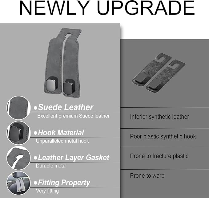 Purse and Bag Hook for Car, Zinc Alloy Seat Headrest Hooks, Upgraded Leather Car Seat Back Purses Hanger and Bags Holder (Grey, 2Pack)