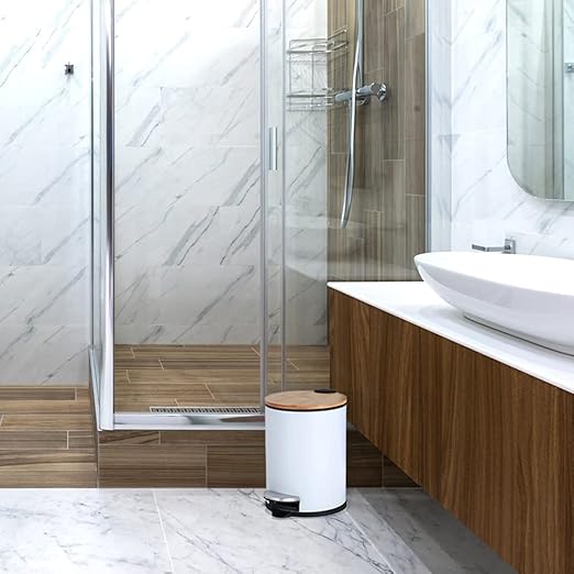 Mini Trash Can with Bamboo Lid Soft Close and Foot Pedal, 0.8Gal/3L Tiny Round Trash Can with Removable Plastic Inner Wastebasket for Bathroom, Bedroom, Powder Room, Office, Desk, Car, White