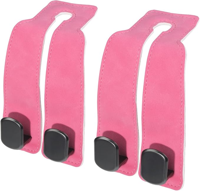 Purse and Bag Hook for Car, Zinc Alloy Seat Headrest Hooks, Upgraded Leather Cute Car Seat Back Purses Hanger and Bags Holder (Pink, 2Pack)