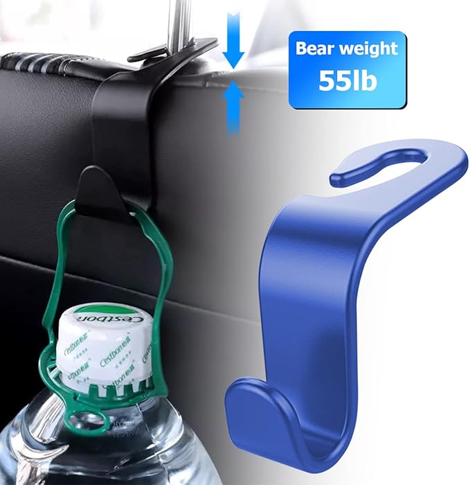 8sanlione Car Back Seat Headrest Hooks, 4PCS Vehicle Backseat Storage Organizer Hanger, Multifunctional Auto Headrest Hidden Hook Universal for Handbag Purse Backpacks Bags and Groceries (Blue)