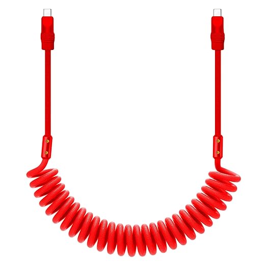 chubbycable Curly Chubby 240W Coiled USB C Cable Retractable Fast Charging Cable for Car Charger Cord Compatible with iPhone 17-15 Series, Red, Type-C to Type-C, 2.29FT-3.6FT
