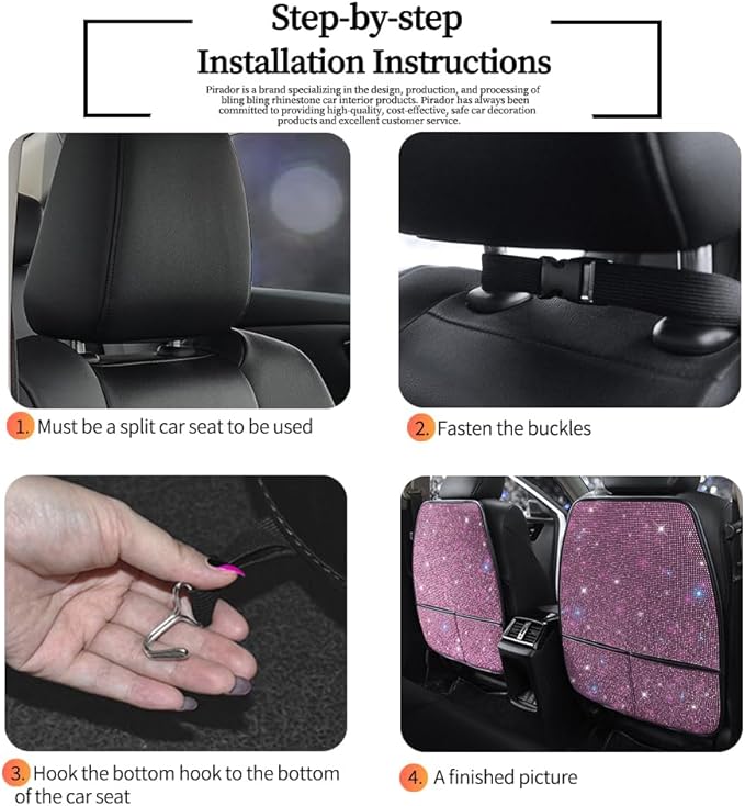 Bling Kick Mats for Car Seats with Pockets – Crystal Diamond Protectors for Girls & Women, Easy-to-Install Backseat Kick Mats with Storage & Sparkling Rhinestones Pink 2pcs