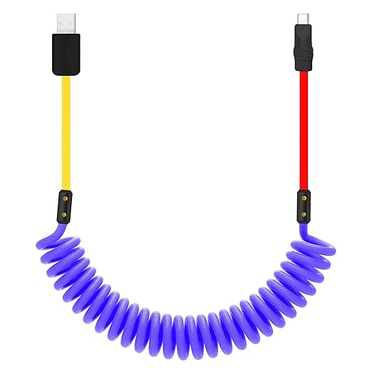 chubbycable Curly Chubby 120W Coiled USB C Cable Retractable Fast Charging Cable for Car Charger Cord Compatible with iPhone 17-15 Series, Blue+Yellow+Red, USB-A to Type-C, 2.29FT-3.6FT