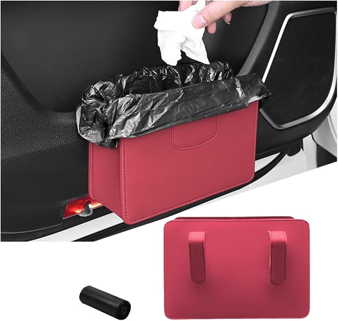 Car Trash Can, Leather Auto Garbage Bin, Magnetic Litter Storage Container, Mini Portable Foldable Vehicle Interior Hanging Dustbin Accessories, Universal for SUV, Truck, RV（Wine Red）