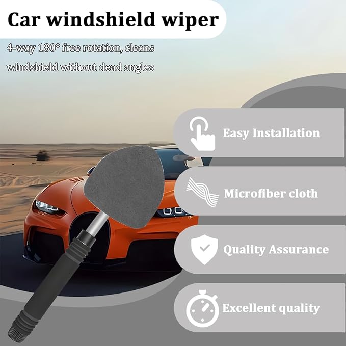 HZEL Car Windshield Cleaner Tool with Extendable Handle, Vehicle Glass Wiper Window Cleaning Tool with 2 Reusable Microfiber Pad, Auto Windscreen Detailing Cleaner Kit, Universal Fit (Triangle Gray)
