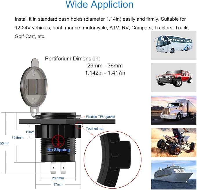 Dual QC3.0 USB Charger Socket with Voltmeter, 36W Waterproof Quick Charge 3.0 Power Outlet Adapter with Voltage Meter for 12V/24V Car Boat Marine ATV RV Campers Tractors Truck Golf-Cart