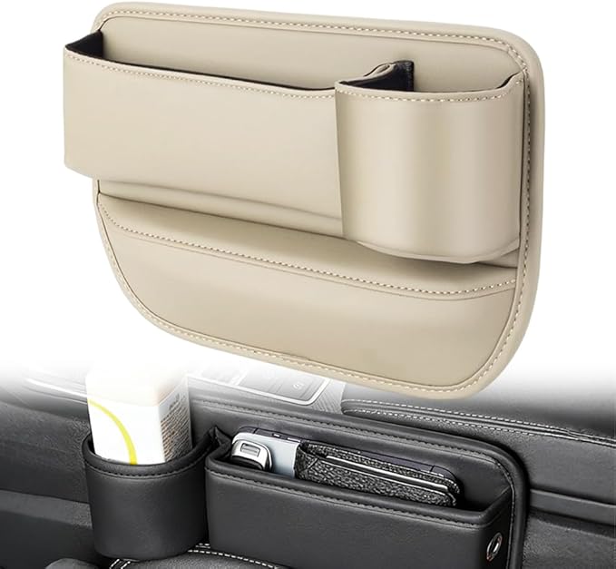 Car Leather Cup Holder Gap Bag, Adjustable Car Seat Gap Storage Box Leather with Cup Holder, for Keys, Cards, Phone, Sunglasses, Multi-Purpose Essentials Organizer (Beige, Passenger Seat)