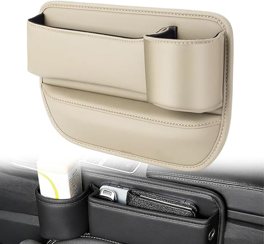 Car Leather Cup Holder Gap Bag, Adjustable Car Seat Gap Storage Box Leather with Cup Holder, for Keys, Cards, Phone, Sunglasses, Multi-Purpose Essentials Organizer (Beige, Passenger Seat)