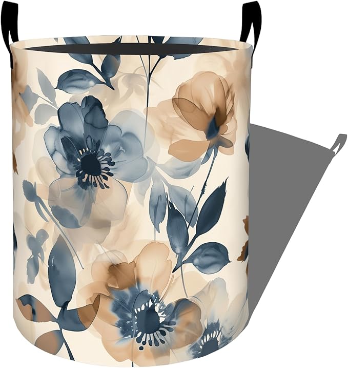 Elegant Blue Beige Flowers Watercolor Art Laundry Basket with Handles, 19.7"x15.7" Clothes Foldable Laundry Hamper Organizer for Dorm Nursery Bedroom Bathroom Decor, Toy Storage Bin for Kids