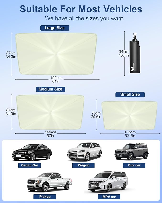 helloleiboo 𝟮𝟬𝟮𝟲 𝗨𝗽𝗴𝗿𝗮𝗱𝗲𝗱 Car Windshield Sun Shade Umbrella 53" x 30" – Foldable Sun Shade with 5-Layer Vinyl Coating, Reflective Heat & UV Protection, Fits Compact Cars & Small Sedans