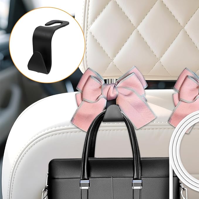 Cute Bow Car Seat Headrest Hooks, 2PCS Multifunctional Vehicle Rear Seat Hanging Hooks, Automotive Interior Seatback Storage Organizer for Purses Bag, Universal for SUV Sedan Truck (Pink Line)