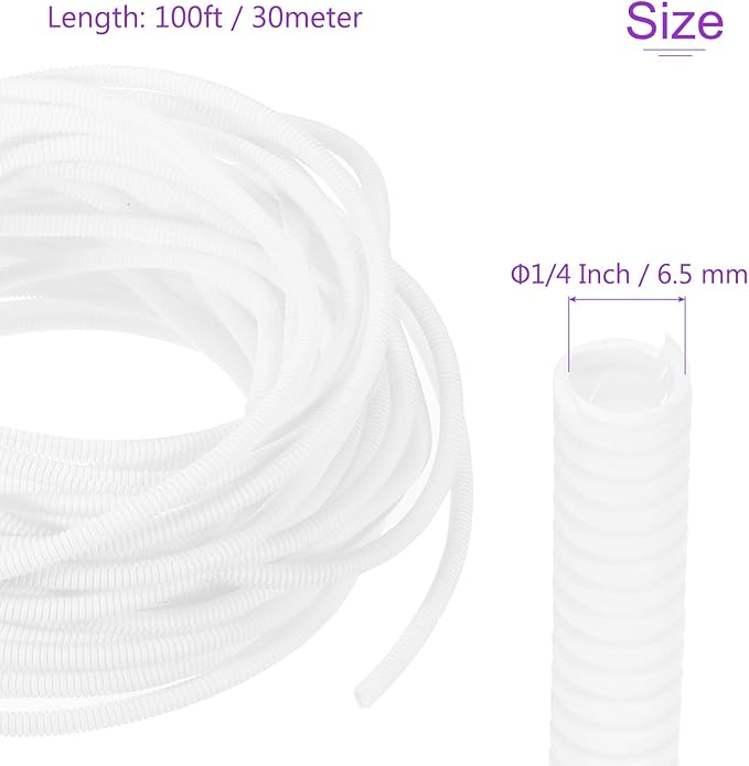 DMiotech 100ft Wire Loom Split Tubing 1/4 Inch(6.5 Mm) ID, Cord Protectors from Pet Flexible Conduit Cable Management for Office, Home, Garden, White