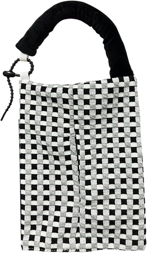 Car Tissue Holder, Checkered Pattern Car Backseat Napkin Holder, Rectangular Canvas Hanging Auto Tissues Box, Universal Vehicle Storage Organizer Accessory for Phone, Small Items (Black)