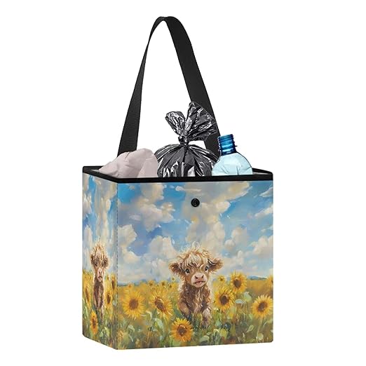 Highland Cattle Sunflower Print Car Trash Can Leakproof Trash Bin Car Garbage Can Hanging Water-Resistant Collapsible Auto Trash Bag Car Accessories for Women Men