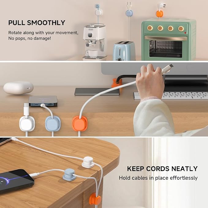 Magnetic Cord Organizer Holder, Upgrade Cord Holder for Nightstand, Adhesive Wire Cable Clips Management Kit for Phone Charger, Computer, Home, Office, Desk, Nightstand (Mix, 6 Packs)