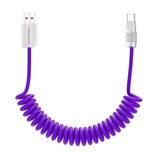 chubbycable Curly Chubby 120W Coiled USB C Fast Charging Cable Durable Braided Charger Cord for Car Compatible with iPhone 17-15 Series iPad, Purple, USB-A to Type-C, 2.13FT-6.56FT